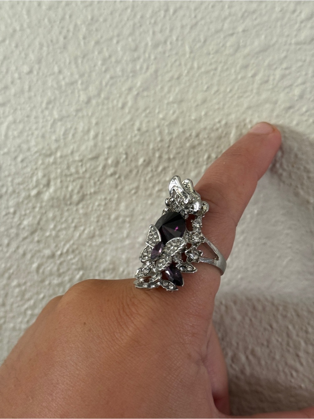 925 Silver Ring with Dark Purple Stone and Crystal Butterflies - Picture 2 of 5